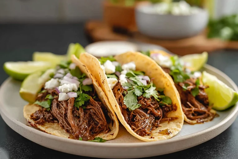 gluten free crock pot mexican shredded beef tacos served on white plate with lime and cilantro