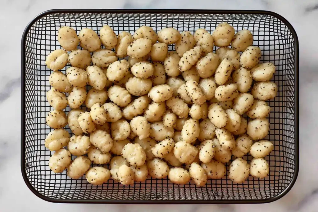 Crispy Air Fryer Gnocchi for an Easy No-Boil Side 4 Seasoned Air Fryer Gnocchi arranged in a single layer inside the basket