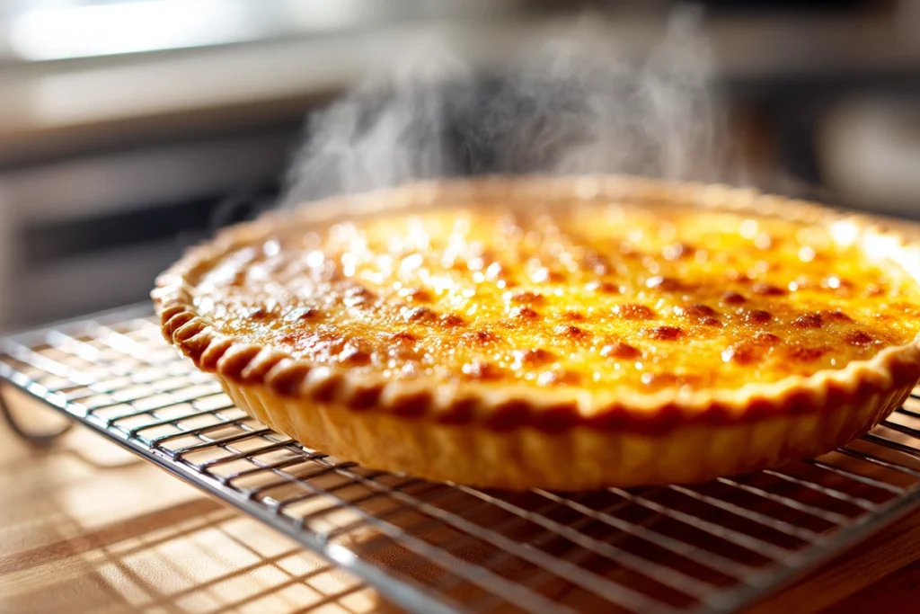 Golden Greek Honey Pie cooling on a rack in natural kitchen light