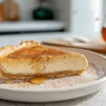 Slice of Golden Greek Honey Pie on a modern plate in natural daylight