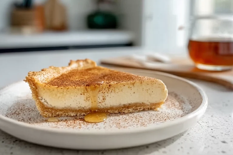 Slice of Golden Greek Honey Pie on a modern plate in natural daylight
