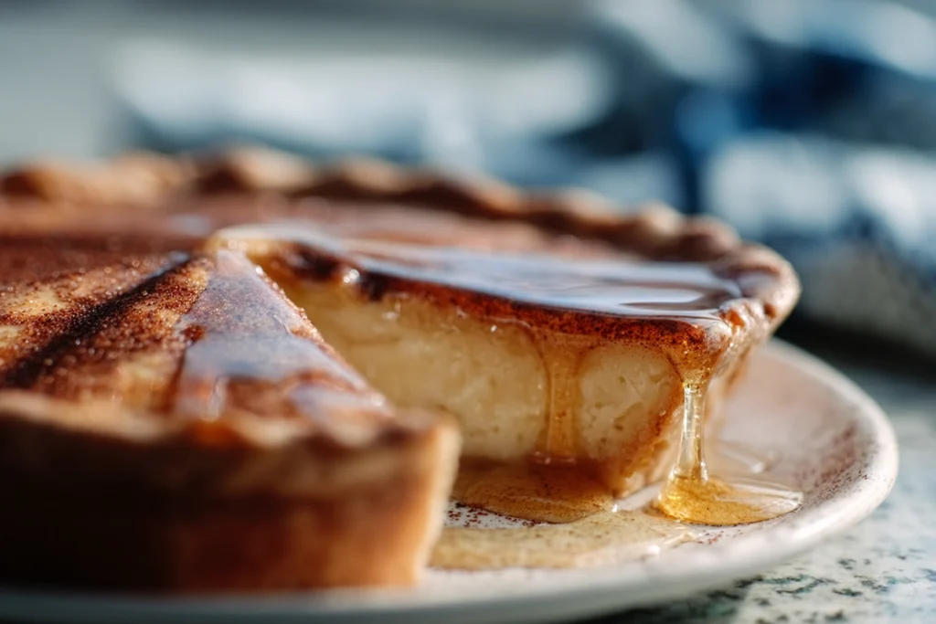 Macro honey drizzle on top of Golden Greek Honey Pie