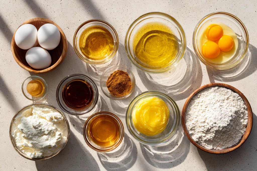 Overhead image of Golden Greek Honey Pie ingredients arranged in glass bowls