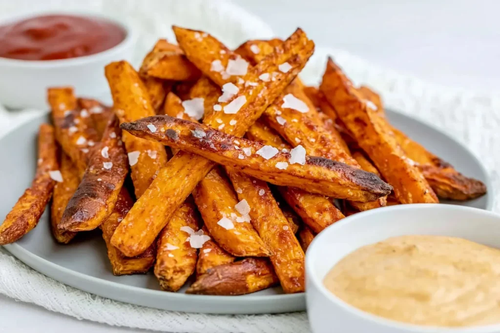 Golden Oven Baked Sweet Potato Fries piled on a plate with ketchup