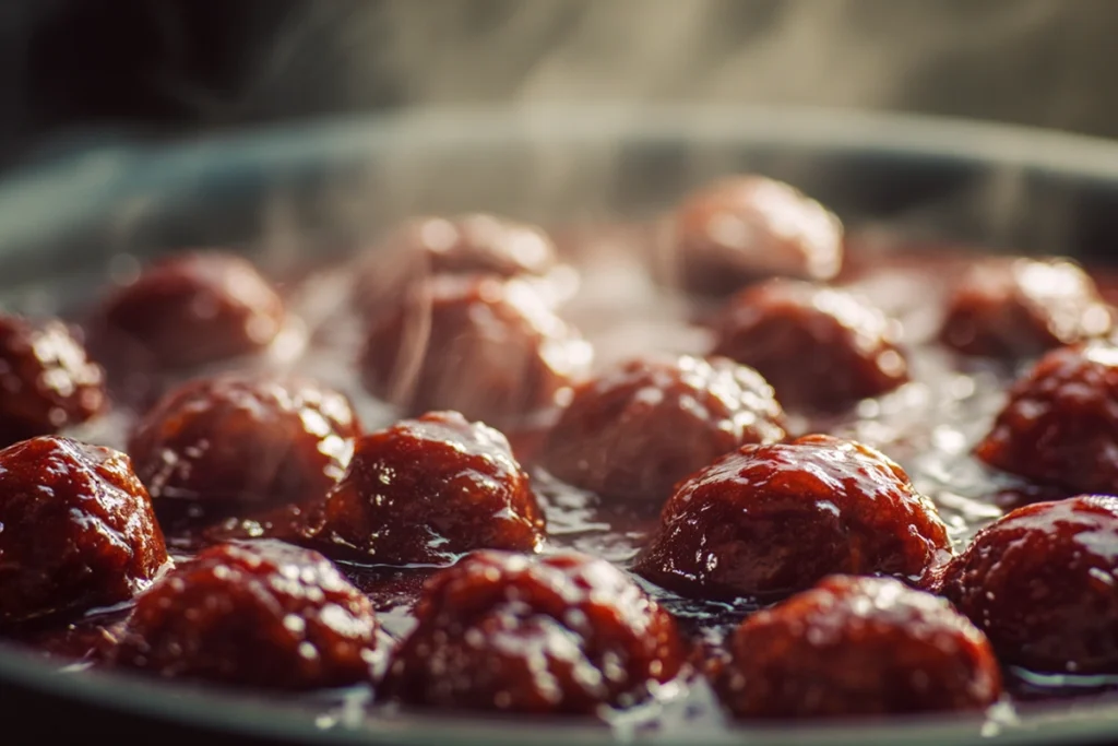 macro close-up of grape jelly meatballs simmering in thick glaze.
