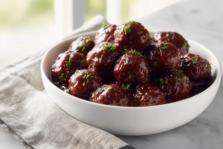 photorealistic bowl of grape jelly meatballs in modern kitchen