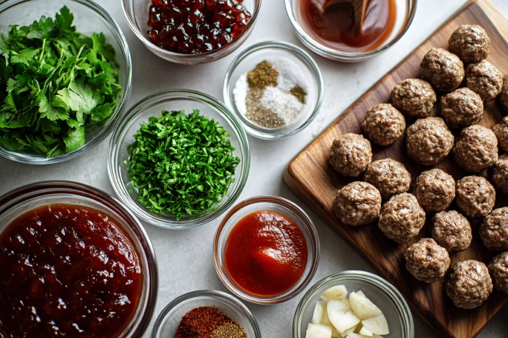overhead shot of ingredients for grape jelly meatballs in glass bowls