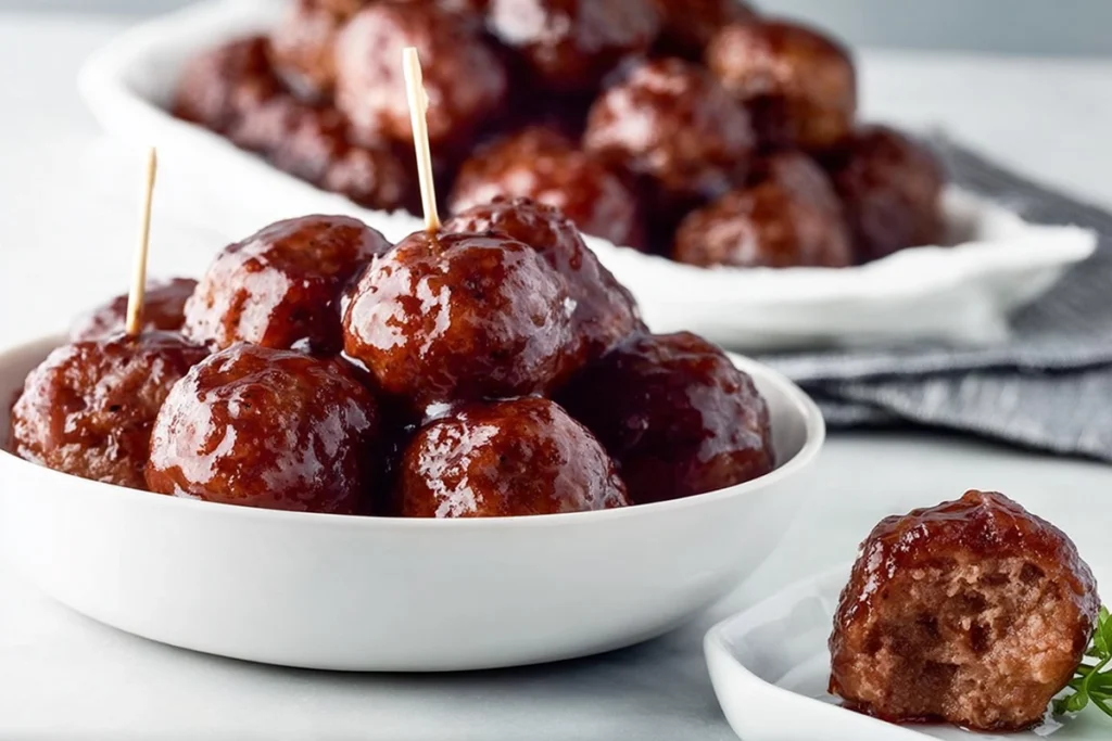 plated grape jelly meatballs styled for a party appetizer.