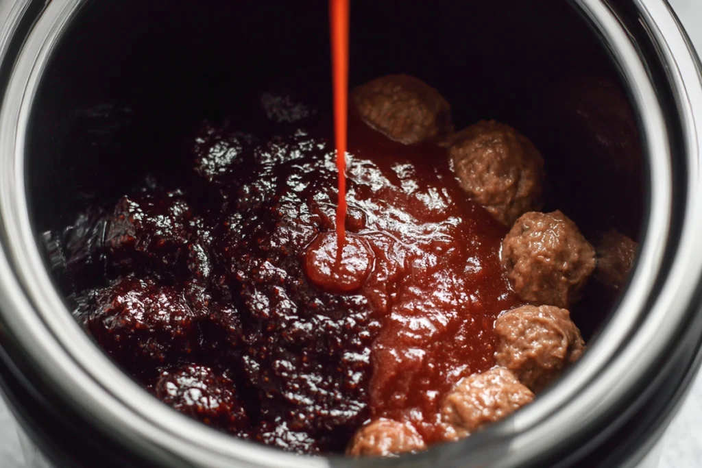 close-up shot of grape jelly meatball sauce poured over meatballs