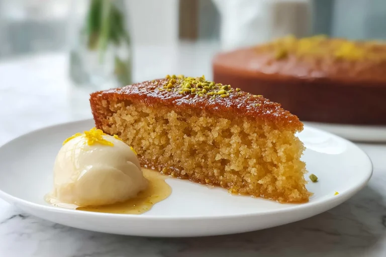 Freshly baked Greek Honey Cake cooling in a pan with syrup sheen