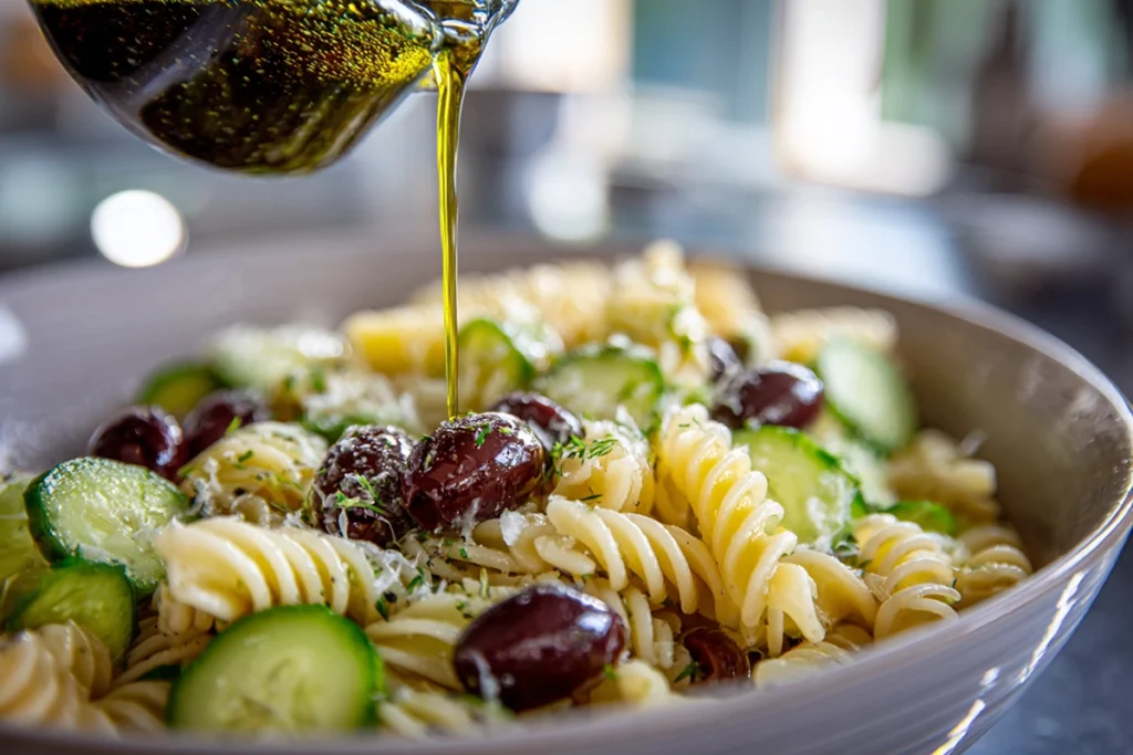 Close-up of vinaigrette being poured over Greek Olive Pasta Salad in natural lighting