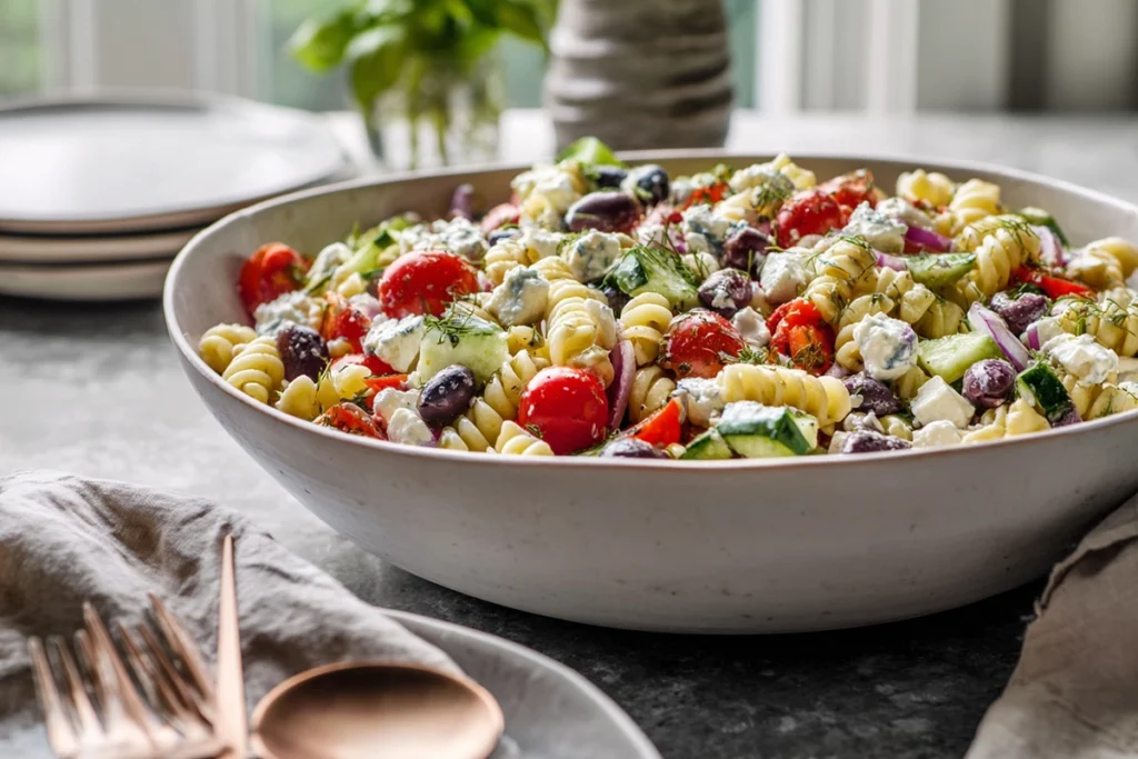 Large serving bowl of Greek Olive Pasta Salad set on a modern dining table in natural light