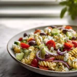 Photorealistic bowl of Greek Olive Pasta Salad in a modern kitchen with natural light