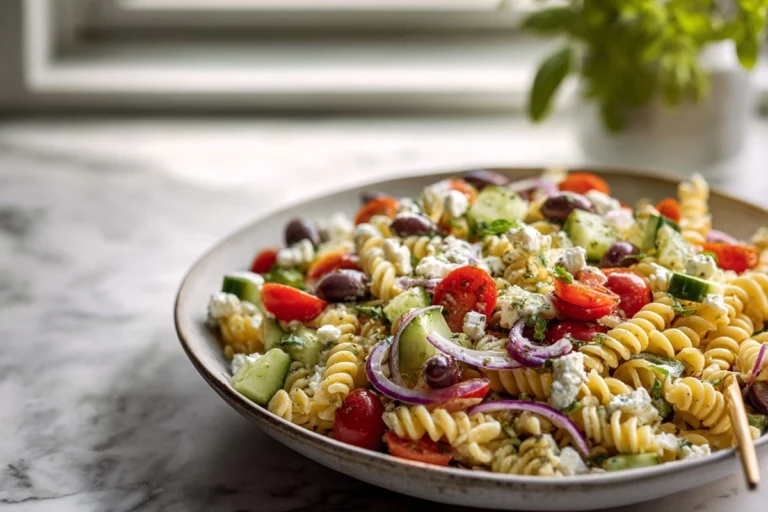 Photorealistic bowl of Greek Olive Pasta Salad in a modern kitchen with natural light