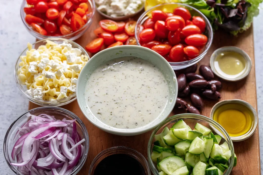 Overhead view of Greek Olive Pasta Salad ingredients arranged neatly on a modern kitchen counter