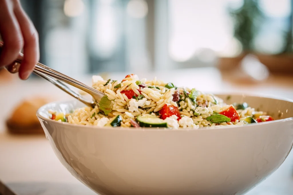 Close-up texture of Greek Orzo Pasta Salad with feta, cucumber, and tomato