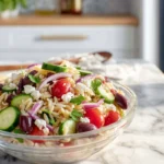 Photorealistic Greek Orzo Pasta Salad in a modern kitchen with natural daylight