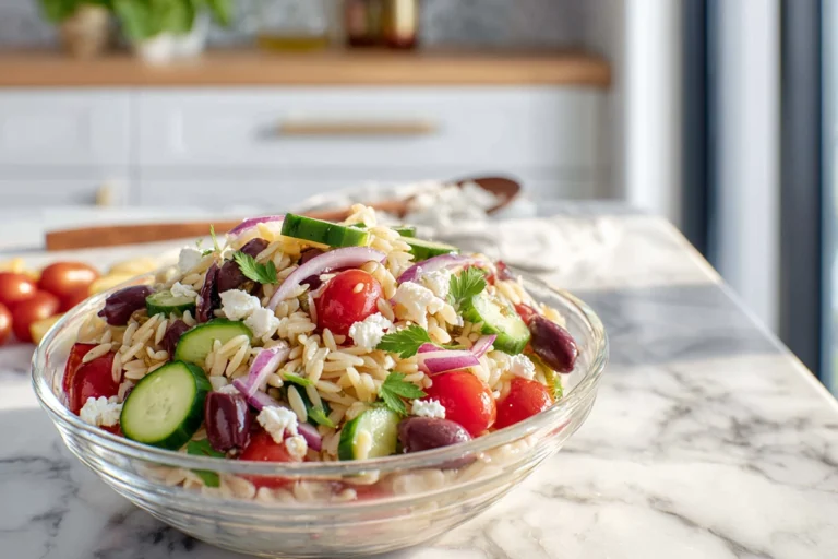 Photorealistic Greek Orzo Pasta Salad in a modern kitchen with natural daylight