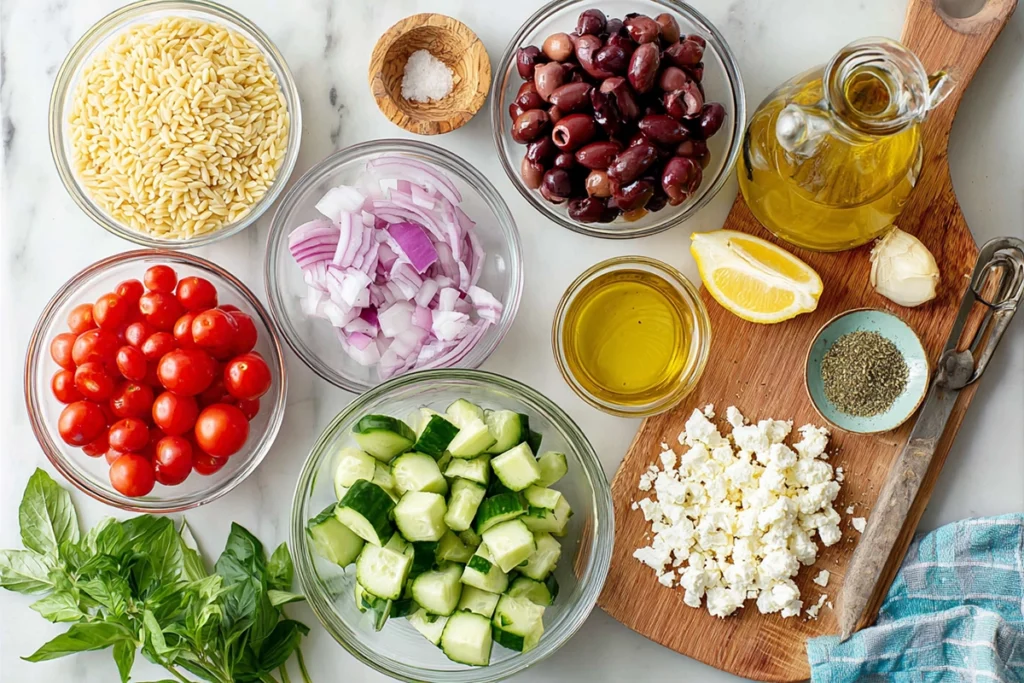 Overhead view of Greek Orzo Pasta Salad ingredients arranged neatly on a modern kitchen counter