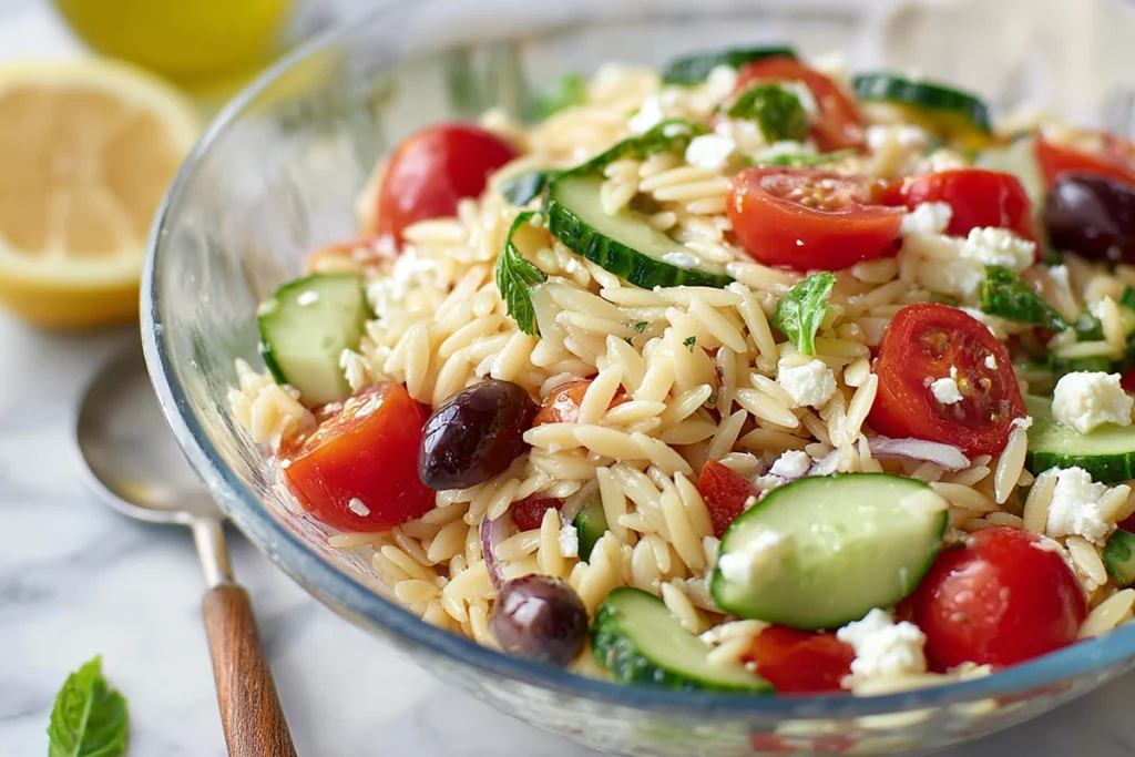 Close-up of lemon-olive oil dressing for Greek Orzo Pasta Salad on marble countertop