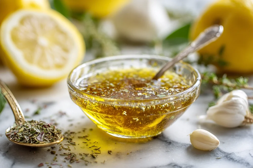 Mixing bowl of Greek Orzo Pasta Salad with dressing in a modern kitchen