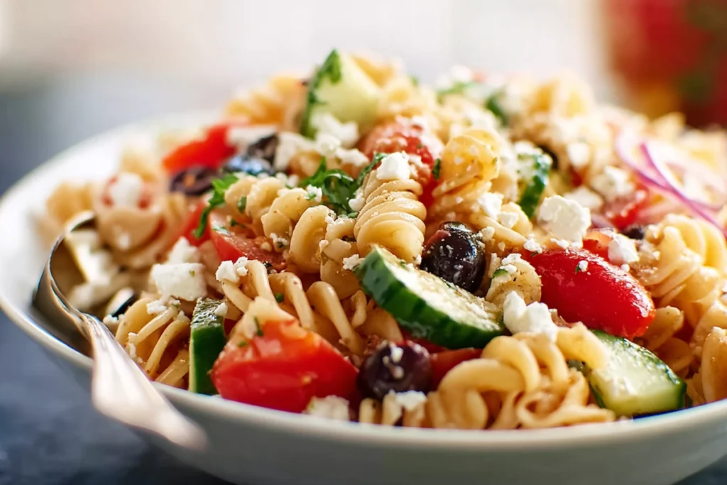 close-up detail of Greek pasta salad ingredients on a fork