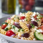finished Greek pasta salad on modern plate with fresh vegetables and feta