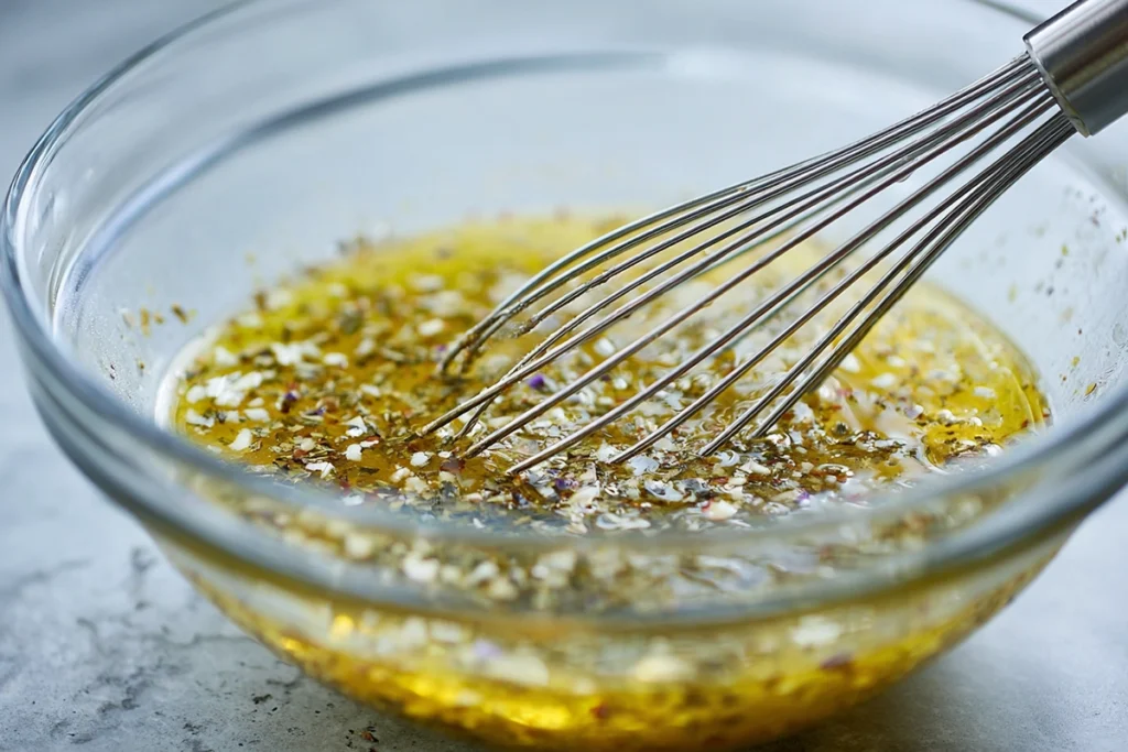 Greek pasta salad dressing being whisked in a glass bowl