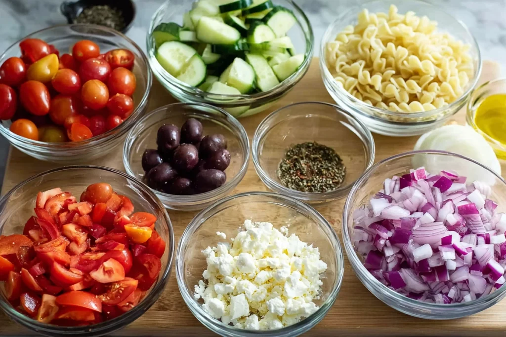 overhead view of Greek pasta salad ingredients arranged in bowls