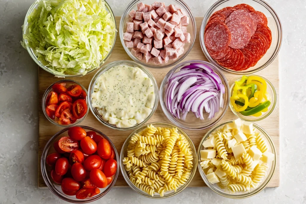 Overhead shot of Grinder Pasta Salad ingredients arranged in glass bowls on a wooden board