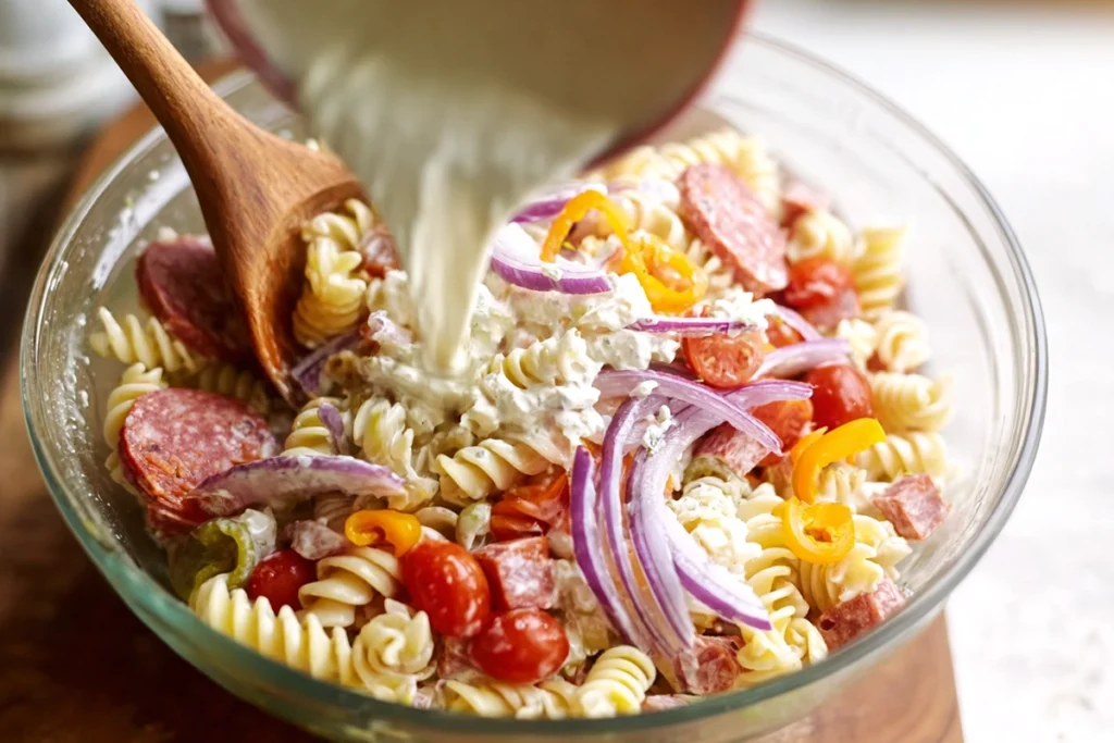Four bowls of Grinder Pasta Salad variations including vegan, gluten-free, low-calorie, and halal