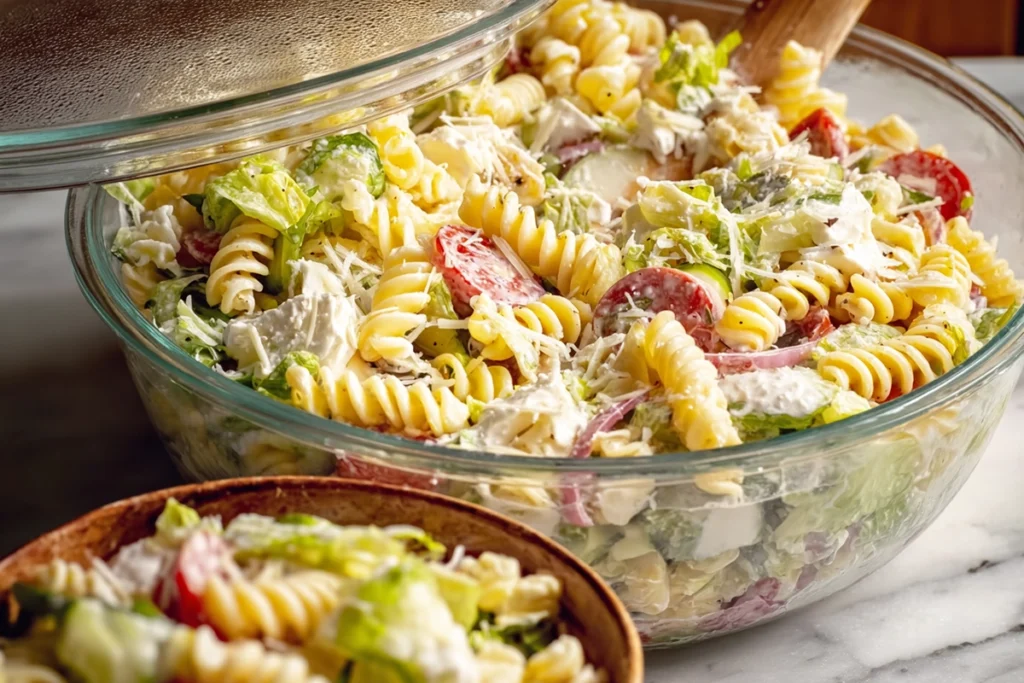 Grinder Pasta Salad stored in a glass container with a serving bowl in the background