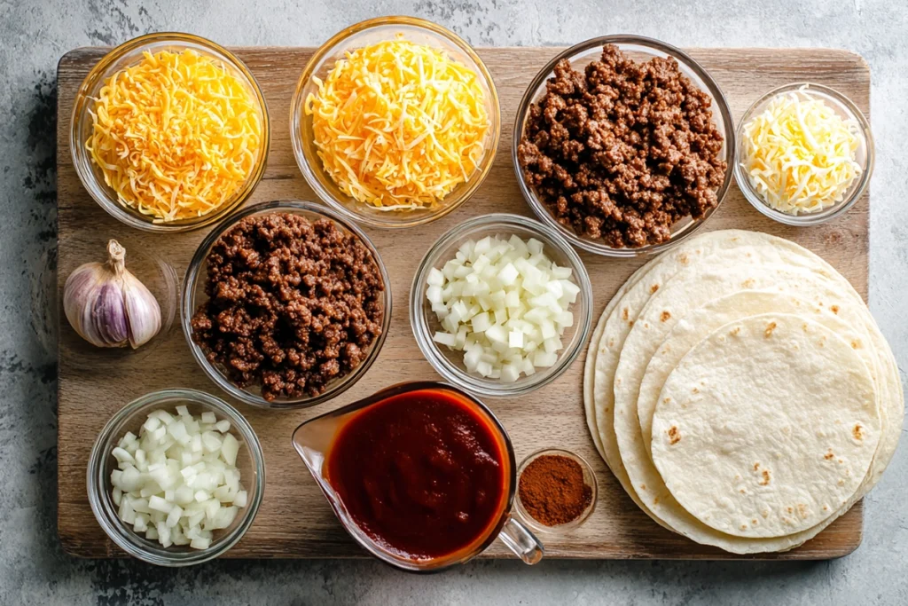Overhead view of Ground Beef Enchiladas ingredients on a wooden board under natural light