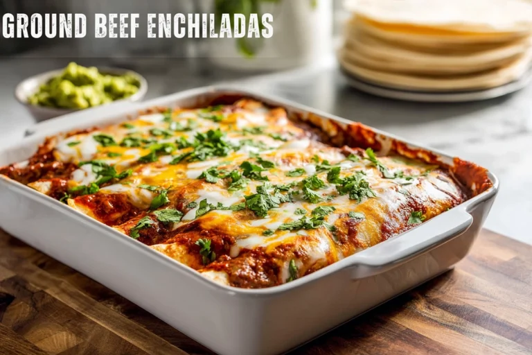 Ground Beef Enchiladas plated on a modern kitchen counter with melted cheese and red sauce