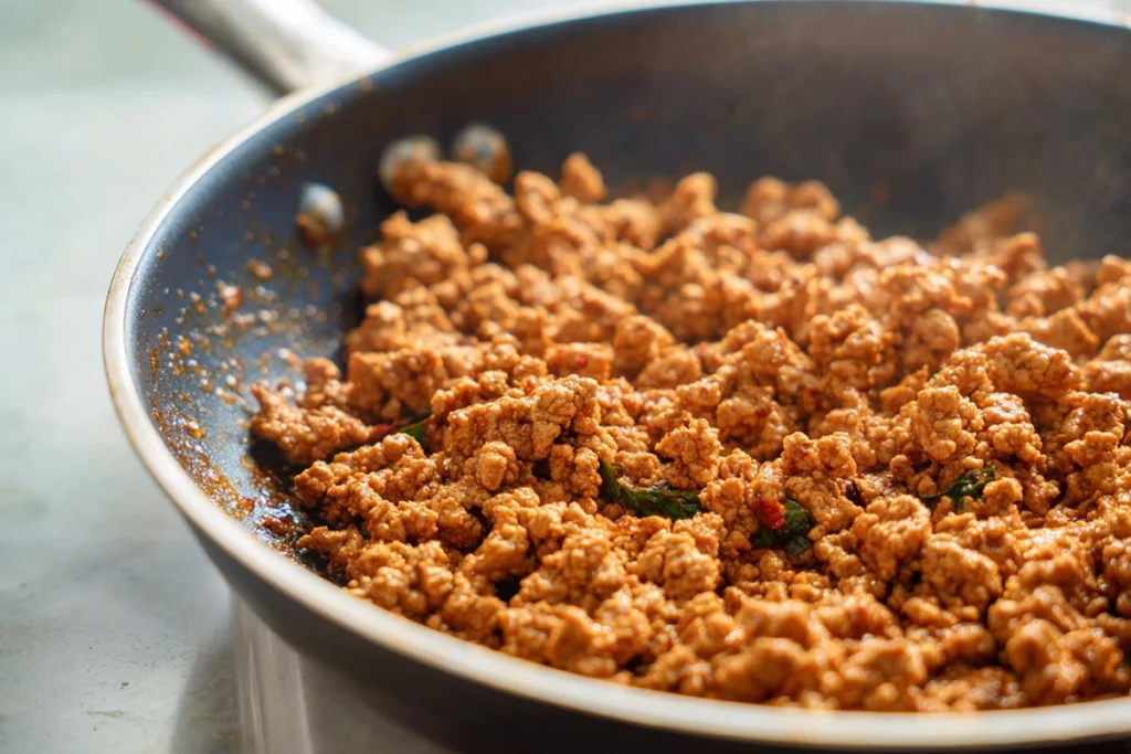 close-up skillet shot of seasoned ground turkey for ground turkey rice bowls