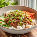 photorealistic ground turkey rice bowls hero image on modern kitchen counter