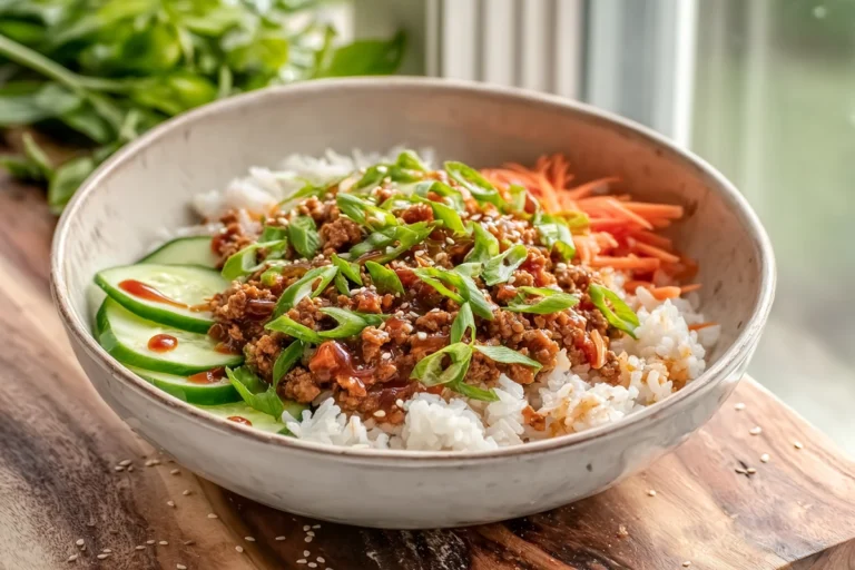 photorealistic ground turkey rice bowls hero image on modern kitchen counter