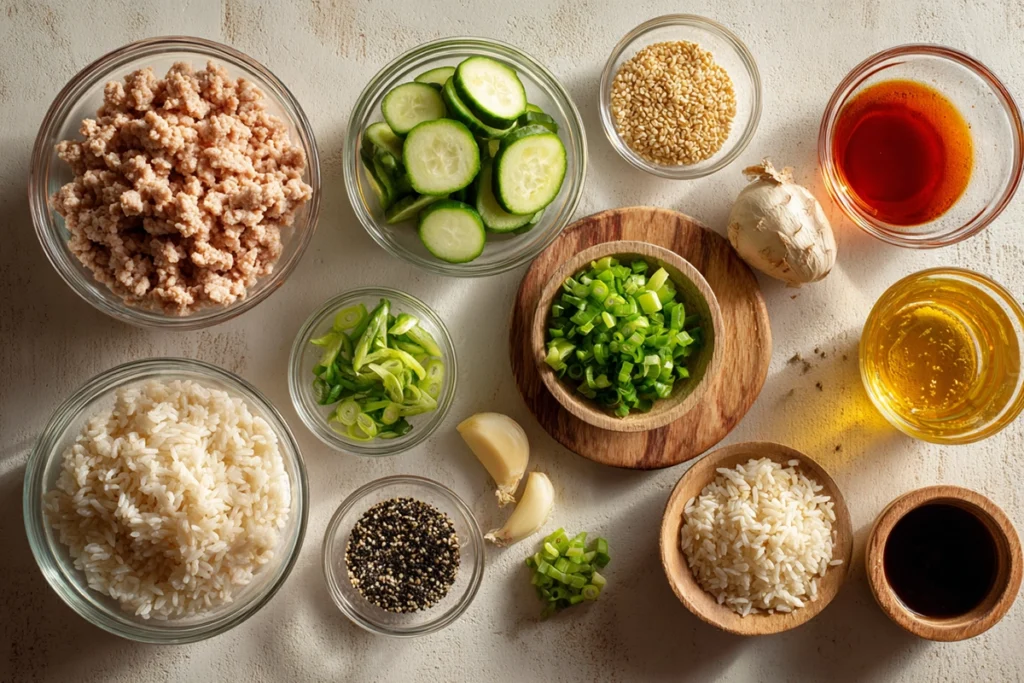 overhead ingredients shot for ground turkey rice bowls arranged neatly on modern counter