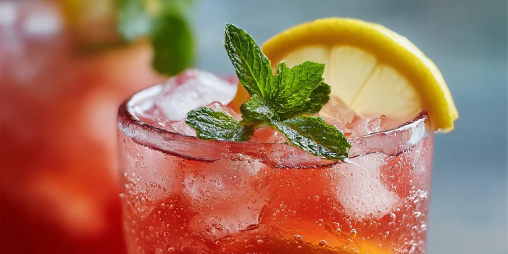 Close-up shot of Guava White Tea Lemonade with a lemon wheel and mint garnish being added.