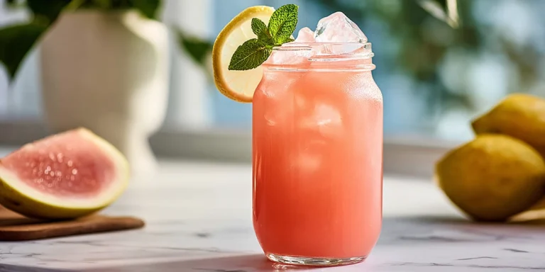 Guava White Tea Lemonade in a glass with lemon and mint garnish, styled in a modern kitchen.