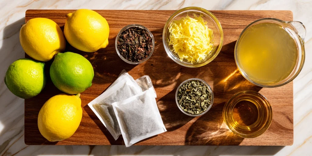 Ingredients for Guava White Tea Lemonade including lemons, guava juice, and white tea bags, neatly arranged.