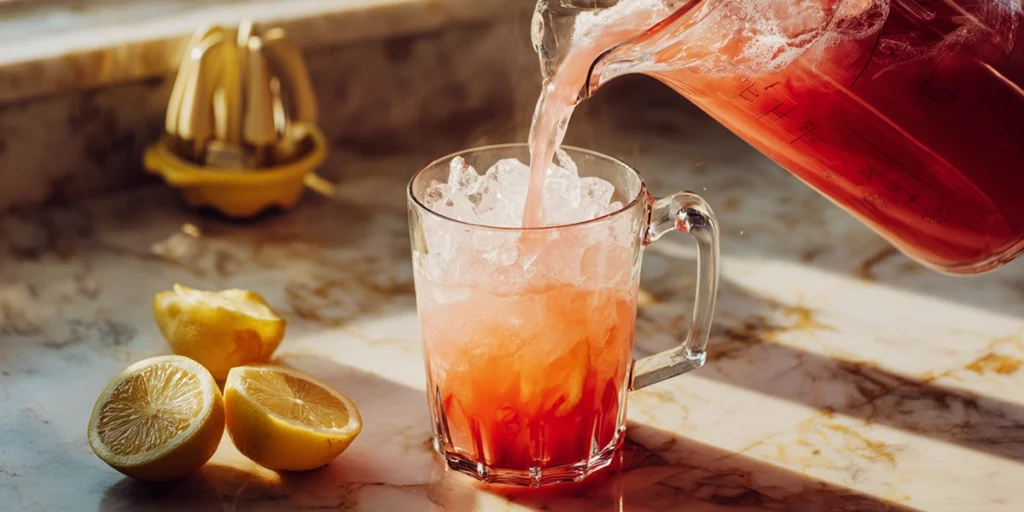 Pouring Guava White Tea Lemonade into a pitcher with fresh lemon halves, showing the drink preparation process.