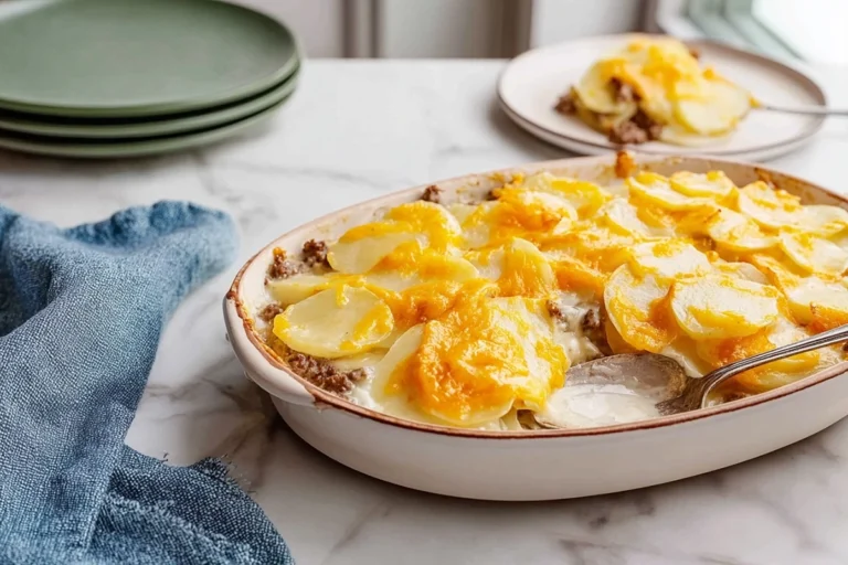 freshly baked hamburger potato casserole with melted cheese and golden potatoes in modern kitchen