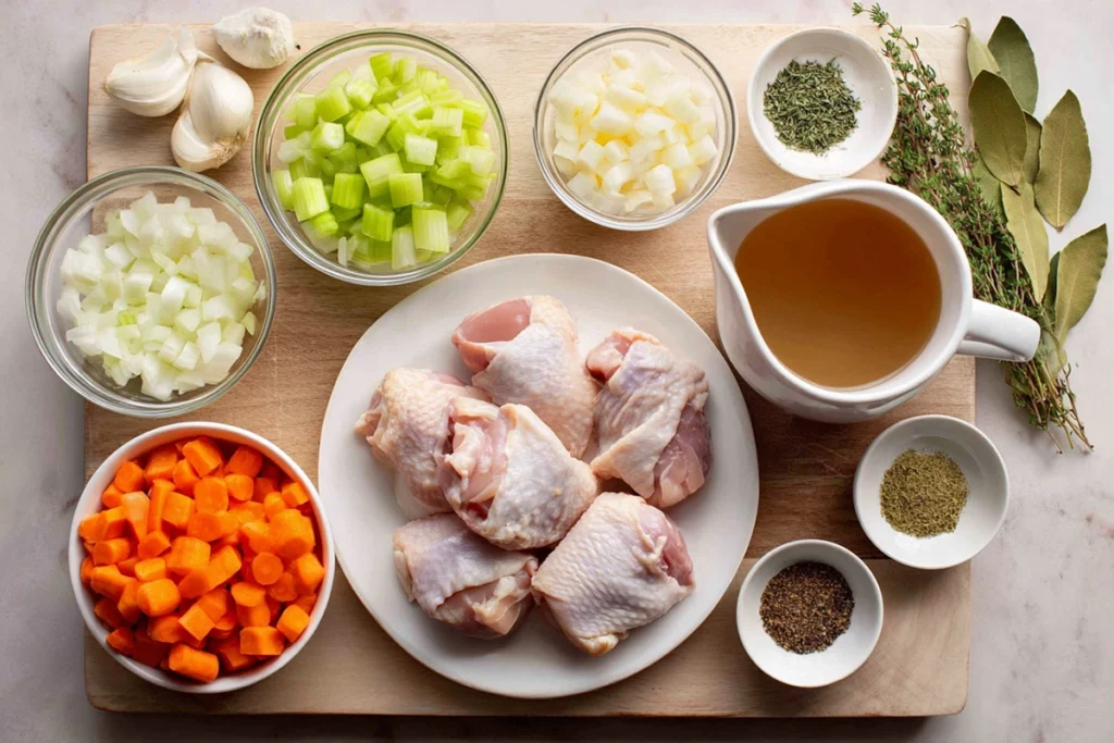Overhead view of Hearty Chicken Stew ingredients arranged on a wooden board in a modern kitchen