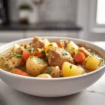 Hearty Chicken Stew in a white bowl on a modern kitchen counter with natural light
