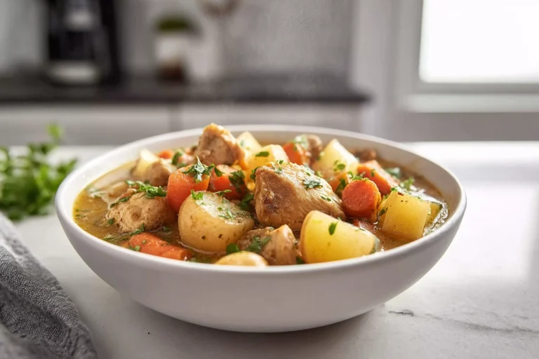 Hearty Chicken Stew in a white bowl on a modern kitchen counter with natural light