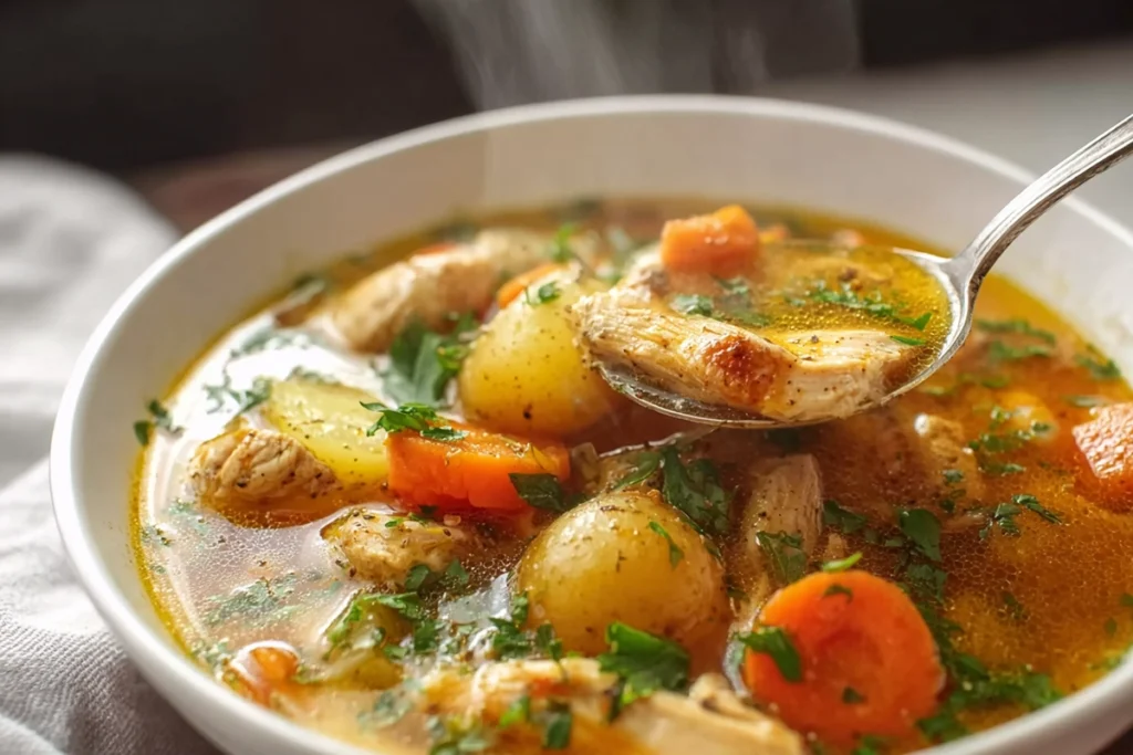 Close-up macro shot of Hearty Chicken Stew being ladled into a bowl with fresh parsley garnish