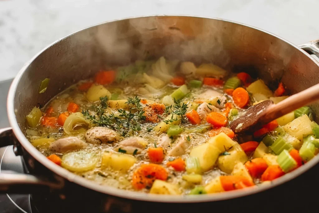 Close-up of onions, carrots, and celery sautéing in a stainless pot for Hearty Chicken Stew