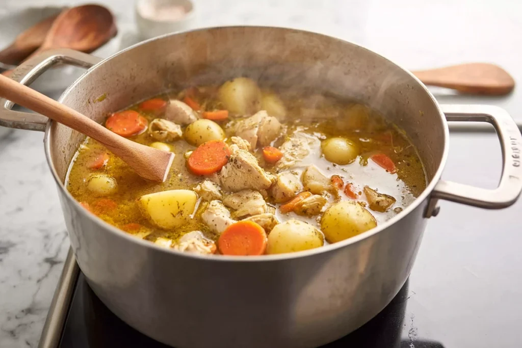 Hearty Chicken Stew simmering in a stainless Dutch oven on a modern kitchen stove