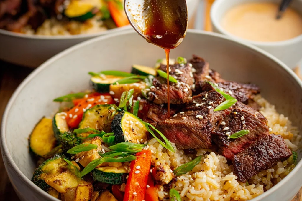 assembling hibachi steak bowl with rice vegetables and seared steak in modern kitchen